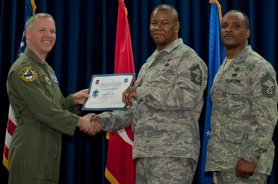 Jerrell Butler, 39th Communications Squadron, is promoted to the rank of senior master sergeant March 30, 2012, at the Club Complex ballroom at Incirlik Air Base, Turkey. (U.S. Air Force photo by Senior Airman Anthony Sanchelli/Released)