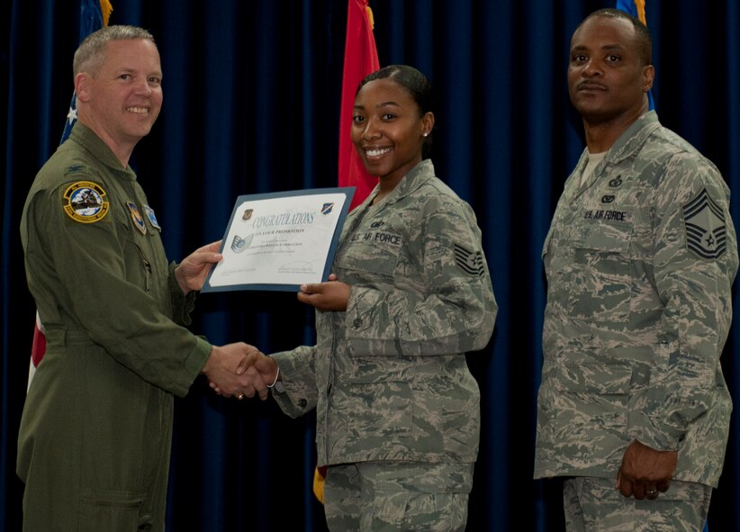 Samantha Wallace-Ferguson, 39th Air Base Wing, is promoted to the rank of technical sergeant March 30, 2012, at the Club Complex ballroom at Incirlik Air Base, Turkey. (U.S. Air Force photo by Senior Airman Anthony Sanchelli/Released)