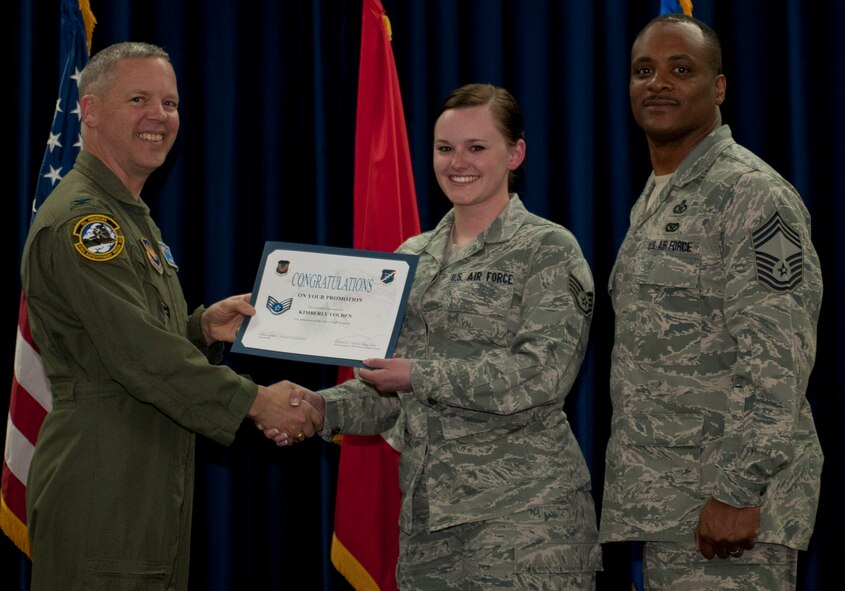 Kimberly Volden, 39th Air Base Wing, is promoted to the rank of staff sergeant March 30, 2012, at the Club Complex ballroom at Incirlik Air Base, Turkey. (U.S. Air Force photo by Senior Airman Anthony Sanchelli/Released)
