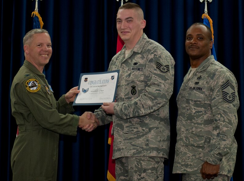 Jonathan Lynch, 39th Air Base Wing, is promoted to the rank of staff sergeant March 30, 2012, at the Club Complex ballroom at Incirlik Air Base, Turkey. (U.S. Air Force photo by Senior Airman Anthony Sanchelli/Released)