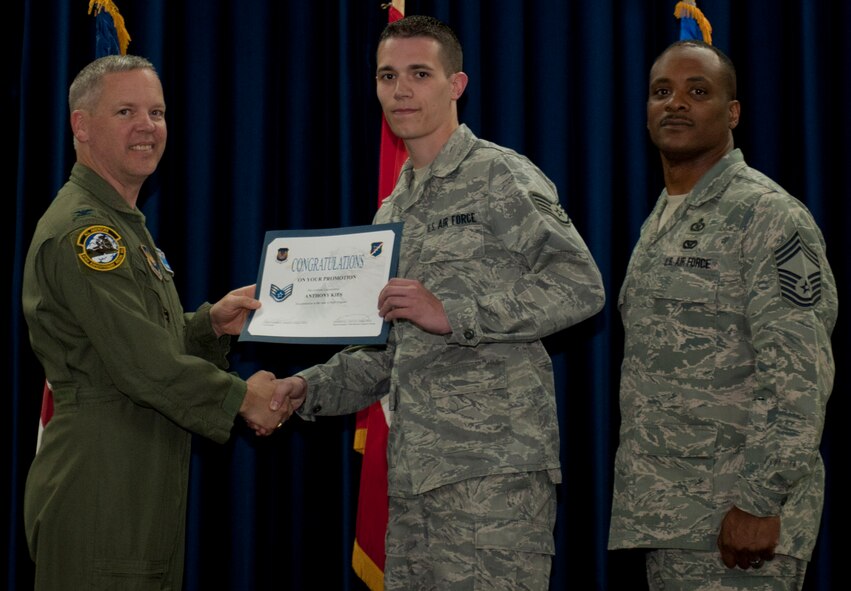 Anthony Kies, 39th Communications Squadron, is promoted to the rank of staff sergeant March 30, 2012, at the Club Complex ballroom at Incirlik Air Base, Turkey. (U.S. Air Force photo by Senior Airman Anthony Sanchelli/Released)