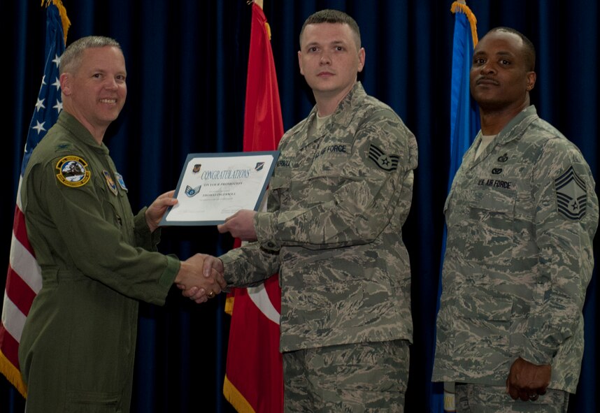 Thomas Ingersoll, 39th Logistics Readiness Squadron, is promoted to the rank of staff sergeant March 30, 2012, at the Club Complex ballroom at Incirlik Air Base, Turkey. (U.S. Air Force photo by Senior Airman Anthony Sanchelli/Released)