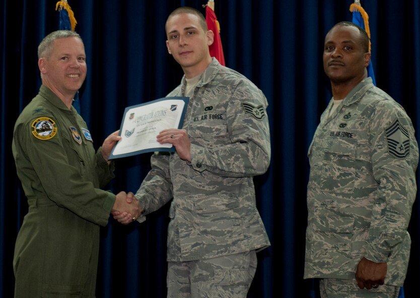 Brandon Carter, 39th Logistics Readiness Squadron, is promoted to the rank of staff sergeant March 30, 2012, at the Club Complex ballroom at Incirlik Air Base, Turkey. (U.S. Air Force photo by Senior Airman Anthony Sanchelli/Released)