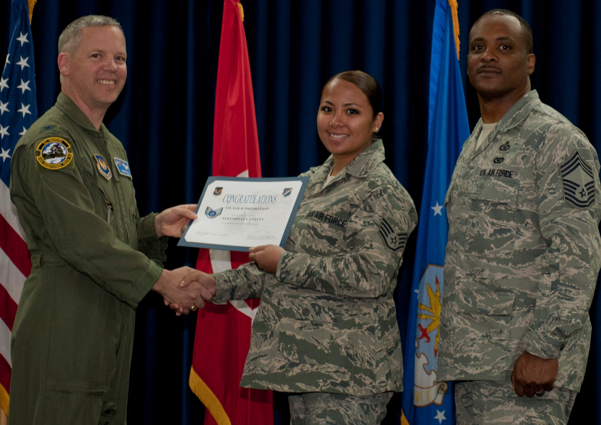 Nerynielle Canteen, 39th Medical Support Squadron, is promoted to the rank of staff sergeant March 30, 2012, at the Club Complex ballroom at Incirlik Air Base, Turkey. (U.S. Air Force photo by Senior Airman Anthony Sanchelli/Released)