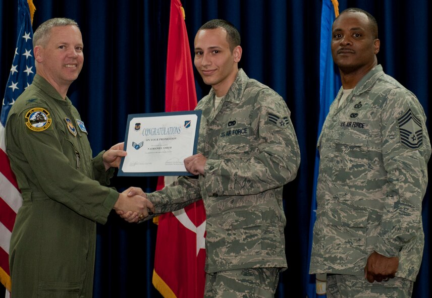 Nathaniel Smith, 39th Logistics Readiness Squadron, is promoted to the rank of senior airman March 30, 2012, at the Club Complex ballroom at Incirlik Air Base, Turkey. (U.S. Air Force photo by Senior Airman Anthony Sanchelli/Released)