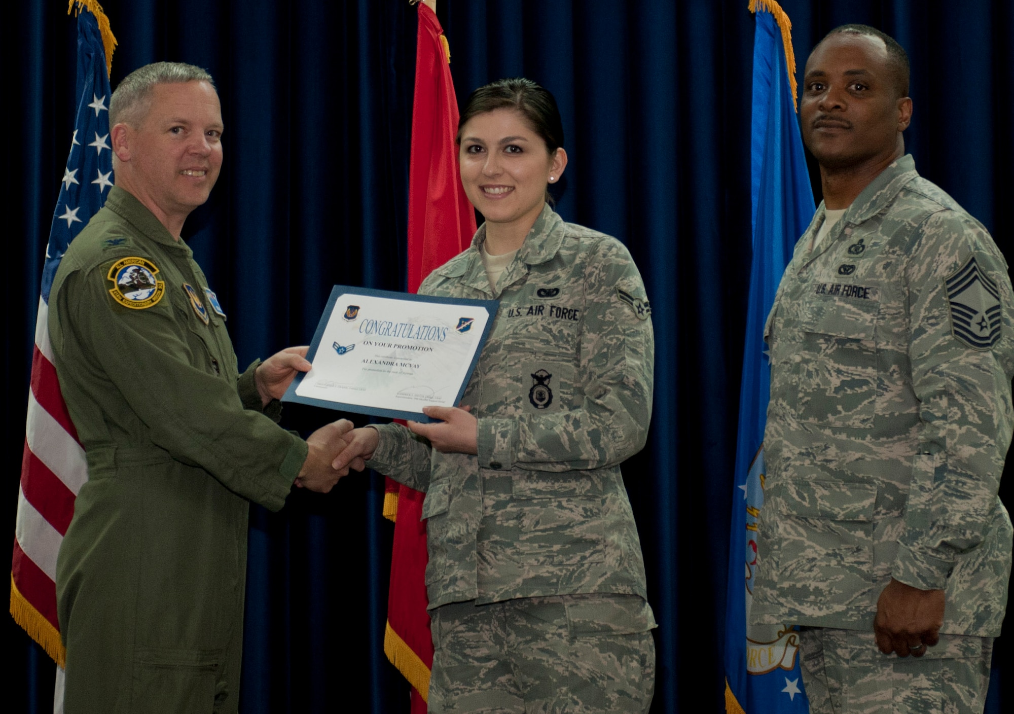 Alexandra McVay, 39th Security Forces Squadron, is promoted to the rank of airman first class March 30, 2012, at the Club Complex ballroom at Incirlik Air Base, Turkey. (U.S. Air Force photo by Senior Airman Anthony Sanchelli/Released)
