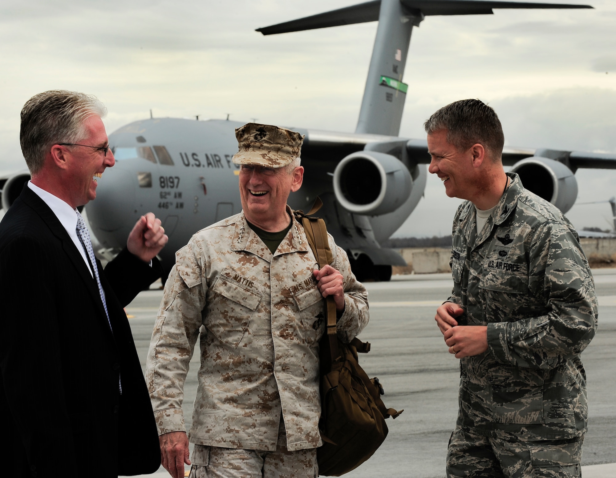 David McCormick, U.S. Marine Corps Gen. James Mattis and U.S. Air Force Col. James Jacobson meet April 1, 2012, during Gen. Mattis' visit to the Transit Center at Manas, Kyrgyzstan. McCormick is the acting deputy chief of mission for the U.S. Embassy in Bishkek, Mattis is the commander of United U.S. Central Command and Jacobson is the commander of the 376th Air Expeditionary Wing. (U.S. Air Force photo/Staff Sgt. Angela Ruiz)