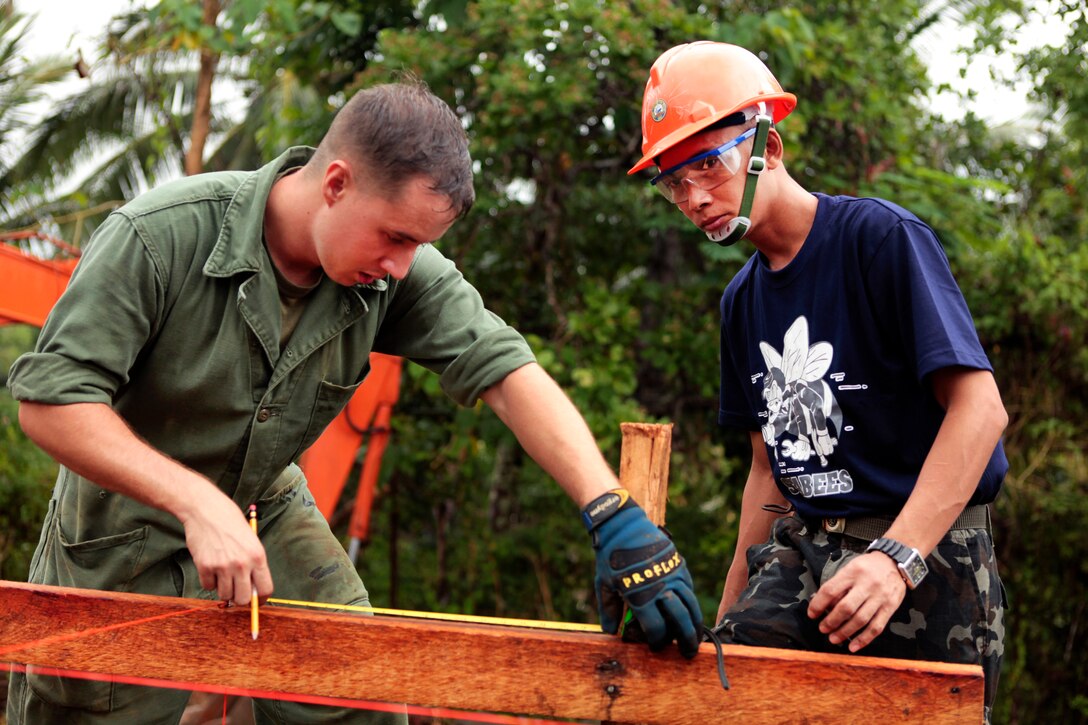 U.S. Marine Corps Lance Cpl. Bryan Gillis, left, and Philippine navy Petty Officer 2nd Class Alfredo Mendoza measure the frame for the foundation of a building being constructed at Santa Cruz Elementary School as part of Exercise Balikatan 2012 in Palawan province, Philippines, March 22, 2012. Gillis is assigned to Marine Wing Support Squadron 172, 1st Marine Aircraft Wing. Exercise Balikatan 2012 is an annual combined joint training exercise aimed at improving U.S. and Philippine military force interoperability during planning, combat readiness, and humanitarian assistance operations. 