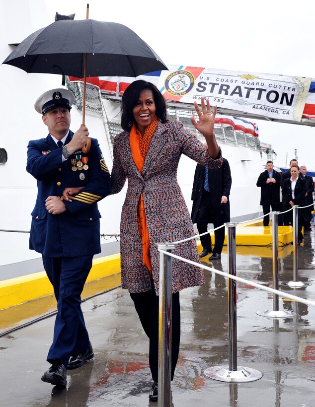 First Lady Michelle Obama arrives at the U.S. Coast Guard Cutter Stratton's port in Alameda, Calif., before the ship's commissioning ceremony, March 31, 2012. 