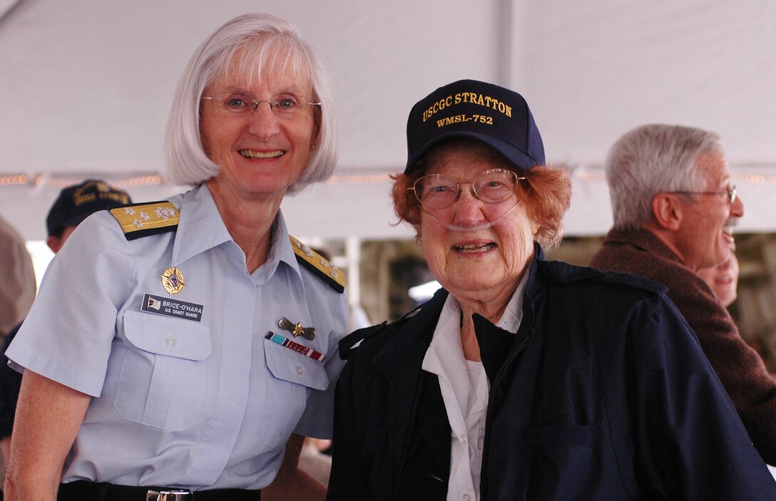 Marie Madson and U.S. Coast Guard Vice Commandant Vice Adm. Sally Brice-O’Hara attend a reception aboard the U.S. Coast Guard Cutter Stratton, March 29, 2012. Madson served in the U.S. Coast Guard’s Women’s Reserve, also known as SPARs, during World War II from 1944-46. The Stratton, which was named after Dorothy Stratton, the first director of the SPARs.