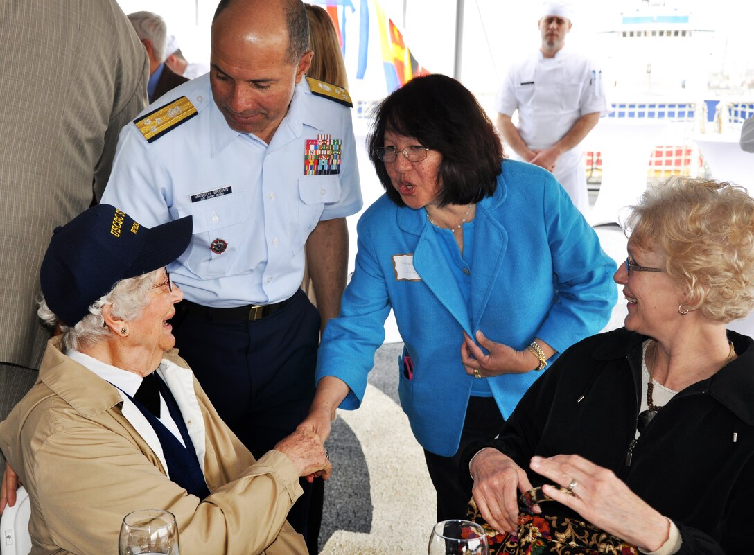 Vice Adm. Manson K. Brown, Pacific Area commander, and his wife Herminia Brown, greet Pat Sellers, a World War II SPAR, during a luncheon aboard the U.S. Coast Guard Cutter Stratton, March 29, 2012. Several SPARS were in attendance to honor the commissioning of a cutter named after Coast Guard Capt. Dorothy C. Stratton, who was the director of the U.S. Coast Guard Women’s Reserve during World War II.  
