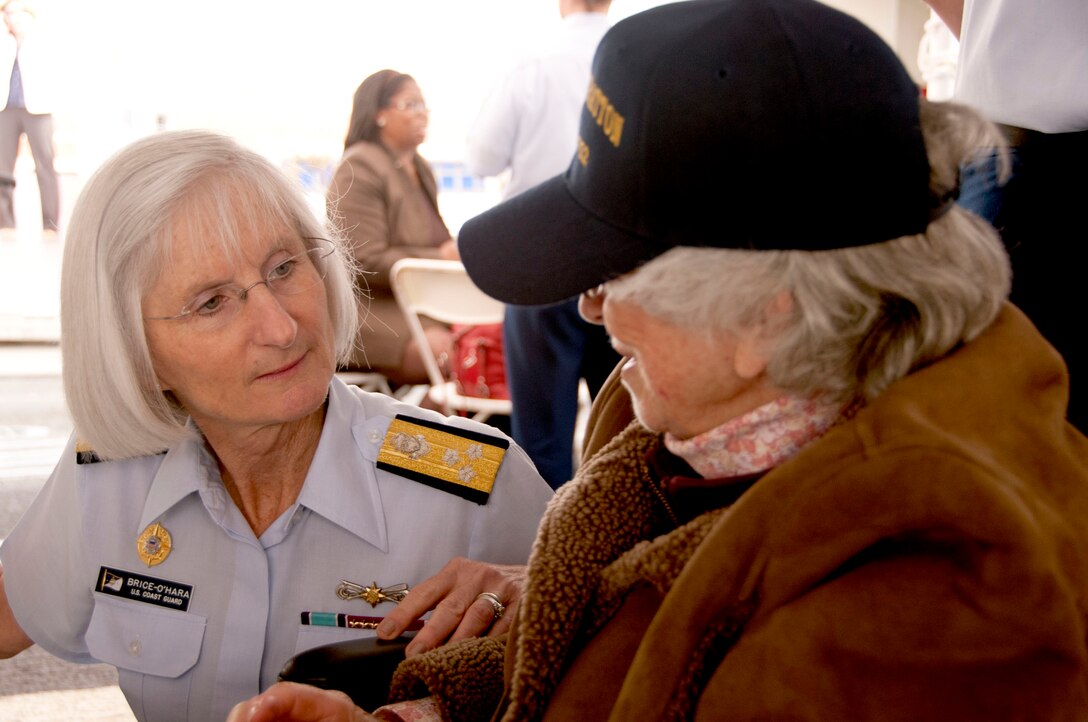 U.S. Coast Guard Vice Commandant Sally Brice-O’Hara, left, chats with June Reger during a reception aboard the U.S. Coast Guard Cutter Stratton, March 29, 2012. Reger served in the Coast Guard’s Women’s Reserve, also known as the SPARs, during World War II from 1943-45. 