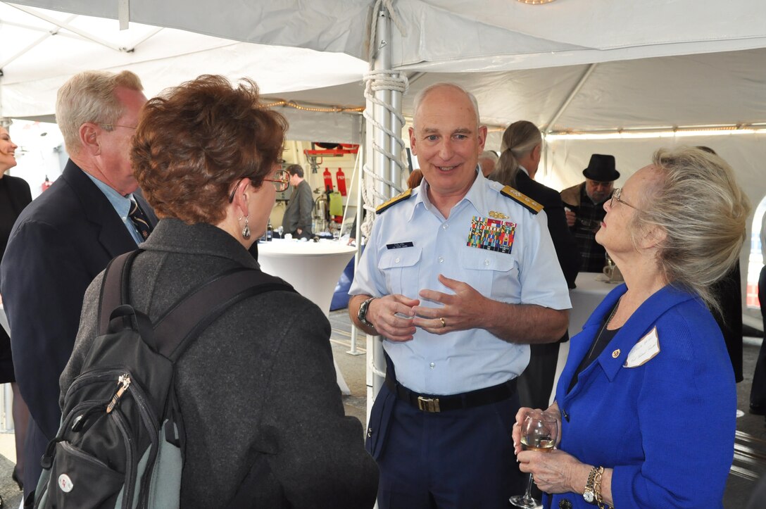 U.S. Coast Guard Rear Adm. Christopher Colvin, Pacific Area deputy commander, speaks to guests during a reception aboard the U.S. Coast Guard Cutter Stratton, March 29, 2012. The Stratton, the third U.S. Coast Guard national security cutter, is named after Capt. Dorothy C. Stratton, director of the Coast Guard Women's Reserve during World War II. 
