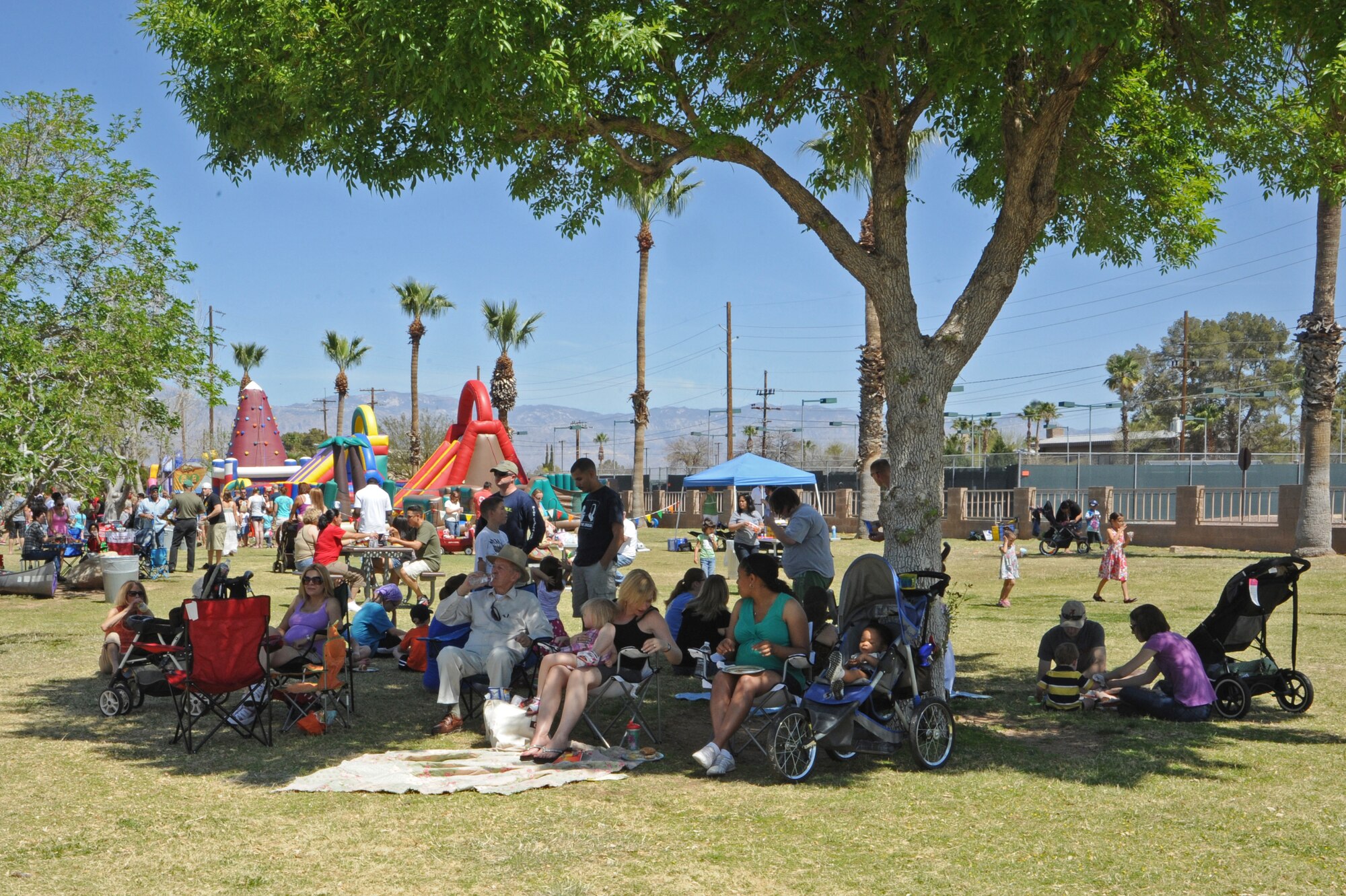 Attendees of the D-M 50 picnic sit in the shade while they eat at Davis-Monthan Air Force Base, Ariz., March 31, 2012. This picnic is held annually to show appreciation to the men and women of the 355th Fighter Wing and its tenant units. (U.S. Air Force photo by Airman 1st Class Camilla Griffin/Released)