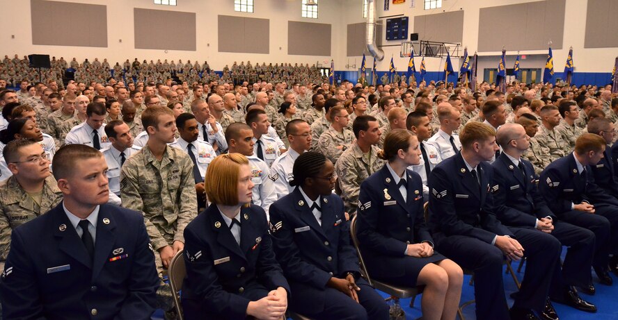 ANDERSEN AIR FORCE BASE, Guam—Team Andersen listens as Brig. Gen. John Doucette, 36th Wing commander, greets everyone during a Commander’s Call, March 30. During the all call, Andersen’s newest promotees and outstanding deployed Airman were recognized. (U.S. Air Force photo by Senior Airman Benjamin Wiseman/Released)