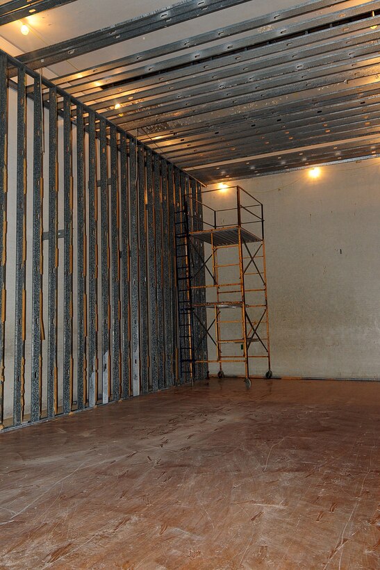 One of the racquetball courts of the Anderson Field House awaits completion at Fort Eustis, Va., April 3, 2012. The court will have split levels, where the first floor will be an additional locker room and the second floor will be office space. (U.S. Air Force photo by Ashley Hawkins/Released)