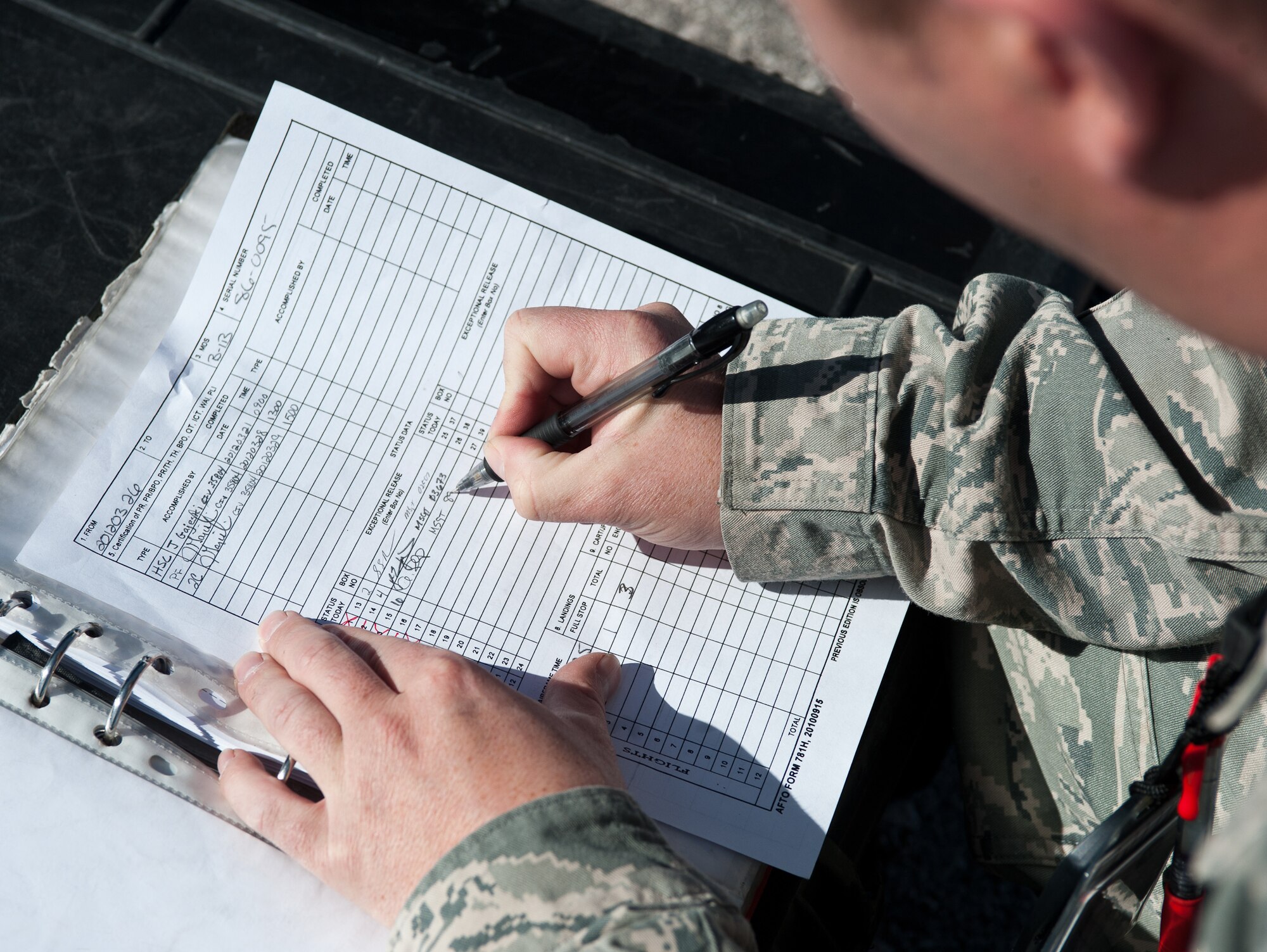 Master Sgt.  Andrew Prakop, 28th Aircraft Maintenance Squadron production superintendent, reviews aircraft forms prior to the arrival of mission aircrew at Ellsworth Air Force Base, S.D., March 29, 2012. These forms are reviewed before each flight to ensure accurate records are maintained prior to each mission. (U.S. Air Force photo by Airman 1st Class Alystria Maurer/Released)