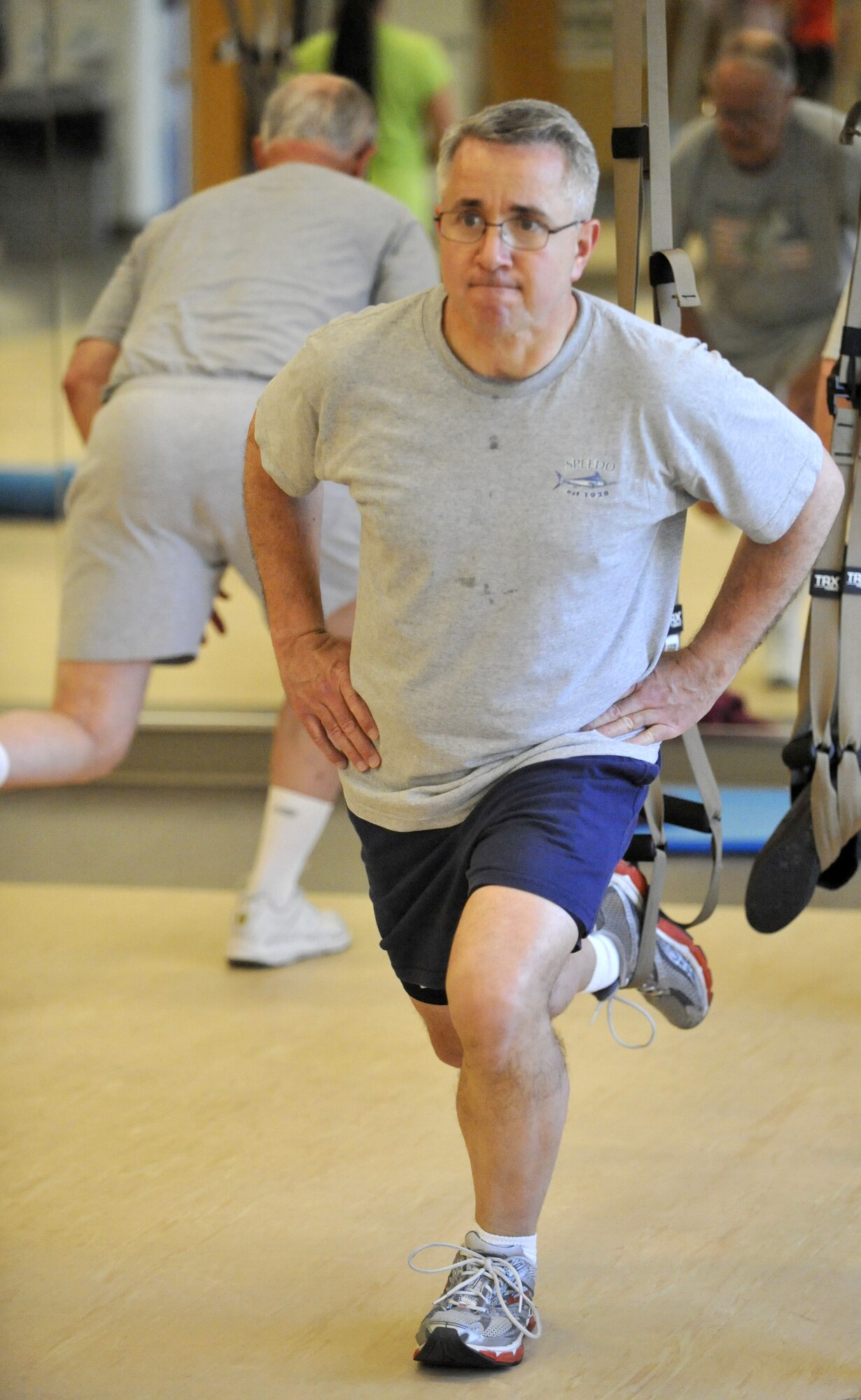 Larry D. Reed participates in a fitness class provided by the Dover Air Force Base, Del., Fitness Center. These classes are aimed at keeping members fit to fight through a variety of innovative and entertaining programs. (U.S. Air Force photos by Tech. Sgt. Chuck Walker)