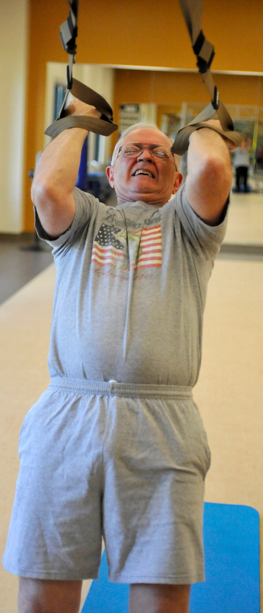 Rich Harper participates in a fitness class provided by the Dover Air Force Base, Del., Fitness Center. These classes are aimed at keeping members fit to fight through a variety of innovative and entertaining programs. (U.S. Air Force photos by Tech. Sgt. Chuck Walker)