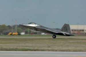 Col. David R. Nardi, 192nd Operations Group commander, lands the 192nd Fighter Wing’s new flagship F-22 Raptor at Langley Air Force Base, Va., March 22, 2012.  The aircraft bears tail number 09-0192, which shares the namesake of the Virginia Air National Guard unit. (National Guard Photo by Master Sgt. Carlos J. Claudio/Released)