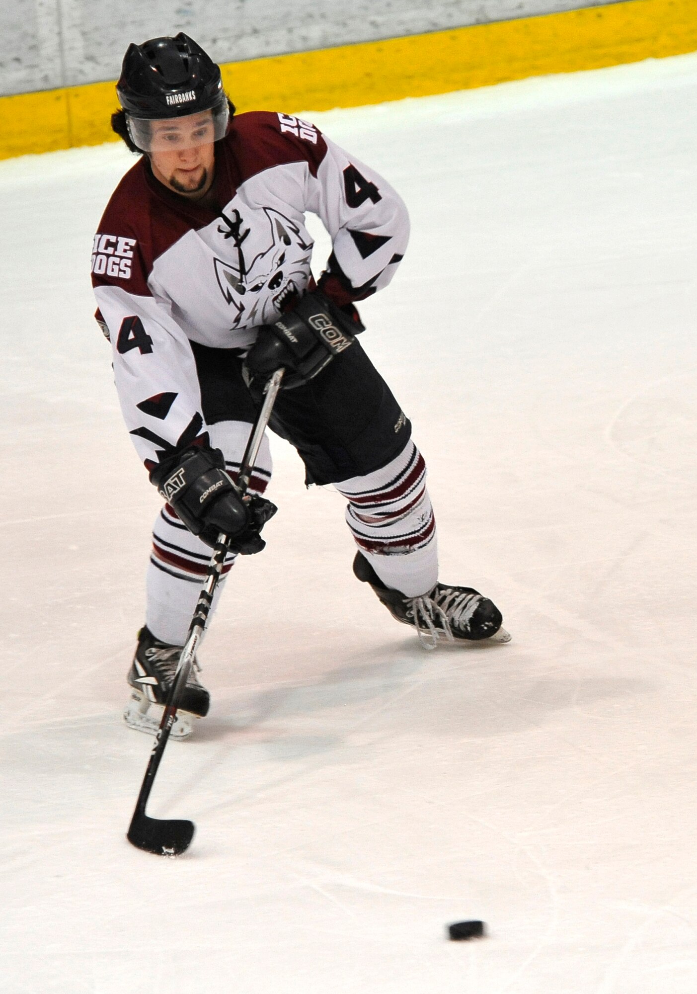 Fairbanks Ice Dogs defenseman Doug Rose looks to control the puck during a Military Appreciation game against the Dawson Creek Rage at the Big Dipper Arena, March 30, 2012, Fairbanks, Alaska.  Rose???s shot was deflected by teammate forward Max Birkinbine for the game-winning goal with 19 seconds left in the game to give the Ice Dogs a 6-5 win.  (U.S. Air Force photo/Staff Sgt. Miguel Lara III)
