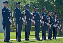 Members of the Joint Base San Antonio-Randolph Honor Guard render a salute during a wreath-laying ceremony March 30 at the Missing Man Monument. The ceremony was a part of the Freedom Flyer Reunion recognizing prisoners of war and those missing in action. (U.S. Air Force Photo by Benjamin Faske)