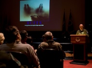 Retired Lt.Col. John Yuill recounts being shot down over Vietnam four days shy of Christmas in 1972. The 15th annual POW/MIA Symposium was held March 30 at Joint Base San Antonio-Randolph.  
(U.S. Air Force Photo by Benjamin Faske)