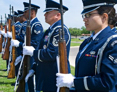 Members of the Joint Base San Antonio - Randolph Honor Guard particiate in a wreath-laying cermony at the Missing Man Monument. The ceremony was held during the Freedom Flyer Reunion March 30 at Joint Base San Antonio-Randolph. (U.S. Air Force Photo by Benjamin Faske)