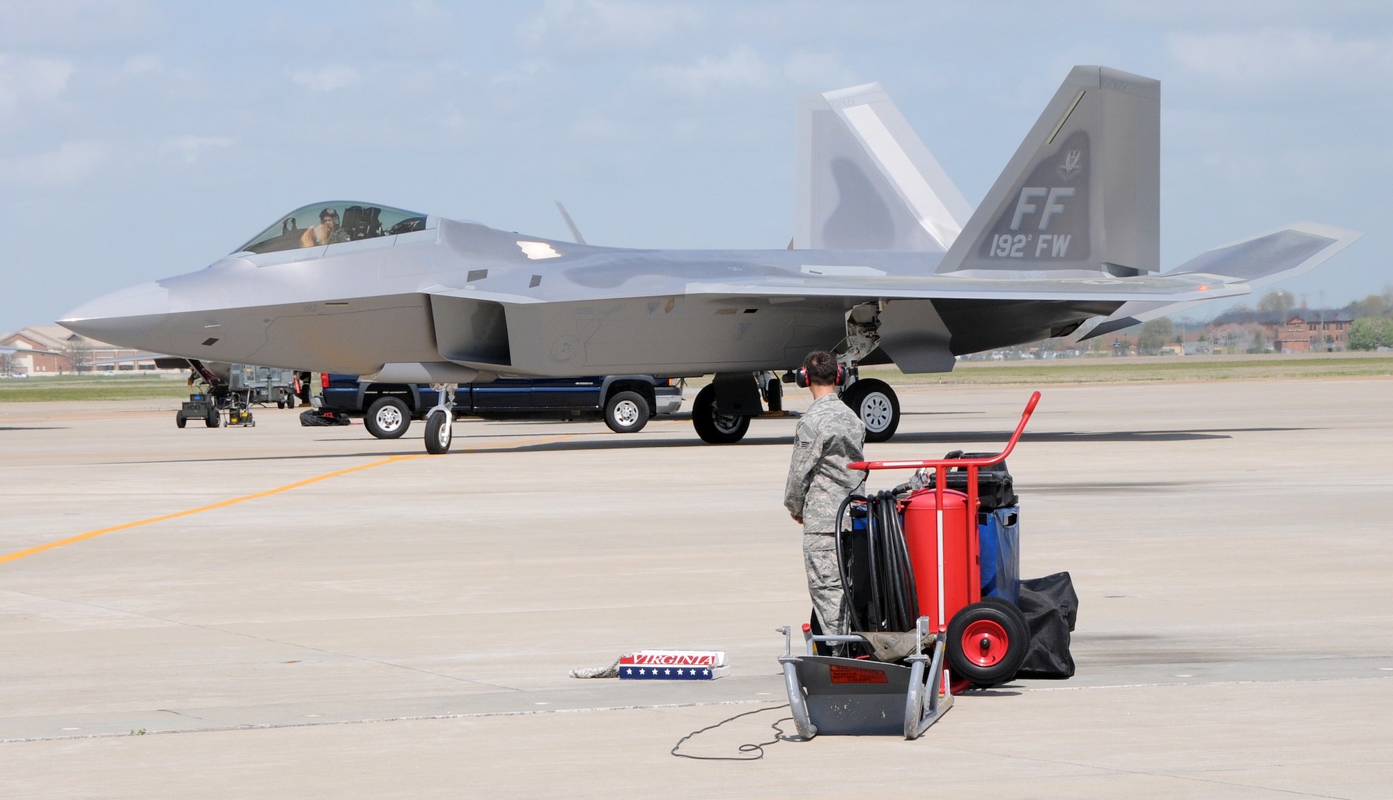 Col. David R. Nardi, 192nd Operations Group commander, taxis the 192nd Fighter Wing’s new flagship F-22 Raptor across the tarmac at Langley Air Force Base, Va., March 22, 2012.  The aircraft bears tail number 09-0192, which shares the namesake of the Virginia Air National Guard unit. (National Guard Photo by Master Sgt. Carlos J. Claudio/Released)