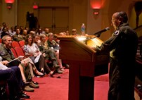 Retired Lt.Col. Lauren Lengyel recounts his time spent as a POW during the Vietnam War. The 15th annual POW/MIA Symposium was held March 30 at Joint Base San Antonio-Randolph. (U.S. Air Force Photo by Benjamin Faske)