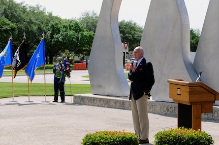 Retired Maj. Gen. John Borling, Freedom Flyer 43, is guest speaker at the POW/MIA Freedom Flyer wreath-laying ceremony March 30 on Joint Base San Antonio-Randolph. (U.S. Air Force Photo by Don Lindsey)