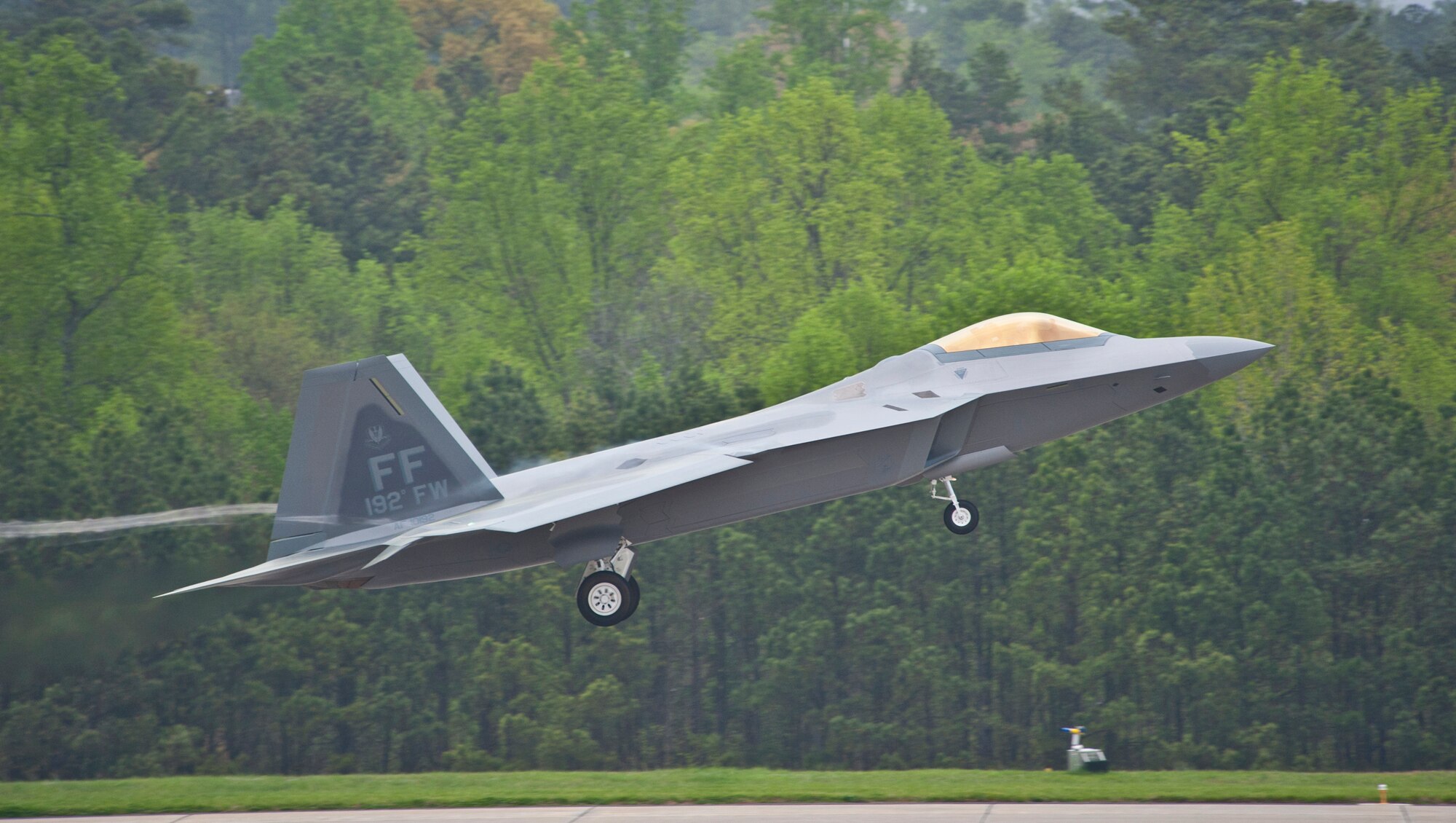 Col. David R. Nardi, 192nd Operations Group commander, takes off with the 192nd Fighter Wing’s new flagship, a F-22 Raptor from the Lockheed Martin plant in Marietta, Ga., March 22, 2012.  The aircraft bears tail number 09-0192, which shares the namesake of the Virginia Air National Guard unit. (Courtesy Photo/Released)