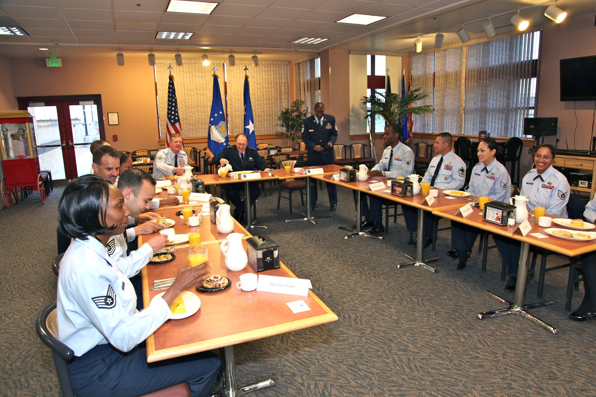 Lt. Gen. Charles E. Stenner Jr., Chief of Air Force Reserve and the Air Force Reserve Command commander, enjoys breakfast with enlisted Airmen from the Air Reserve Personnel Center at Buckley AFB in Aurora, Colo., April 2, 2012. (U.S. Air Force photo/Quinn Jacobson)