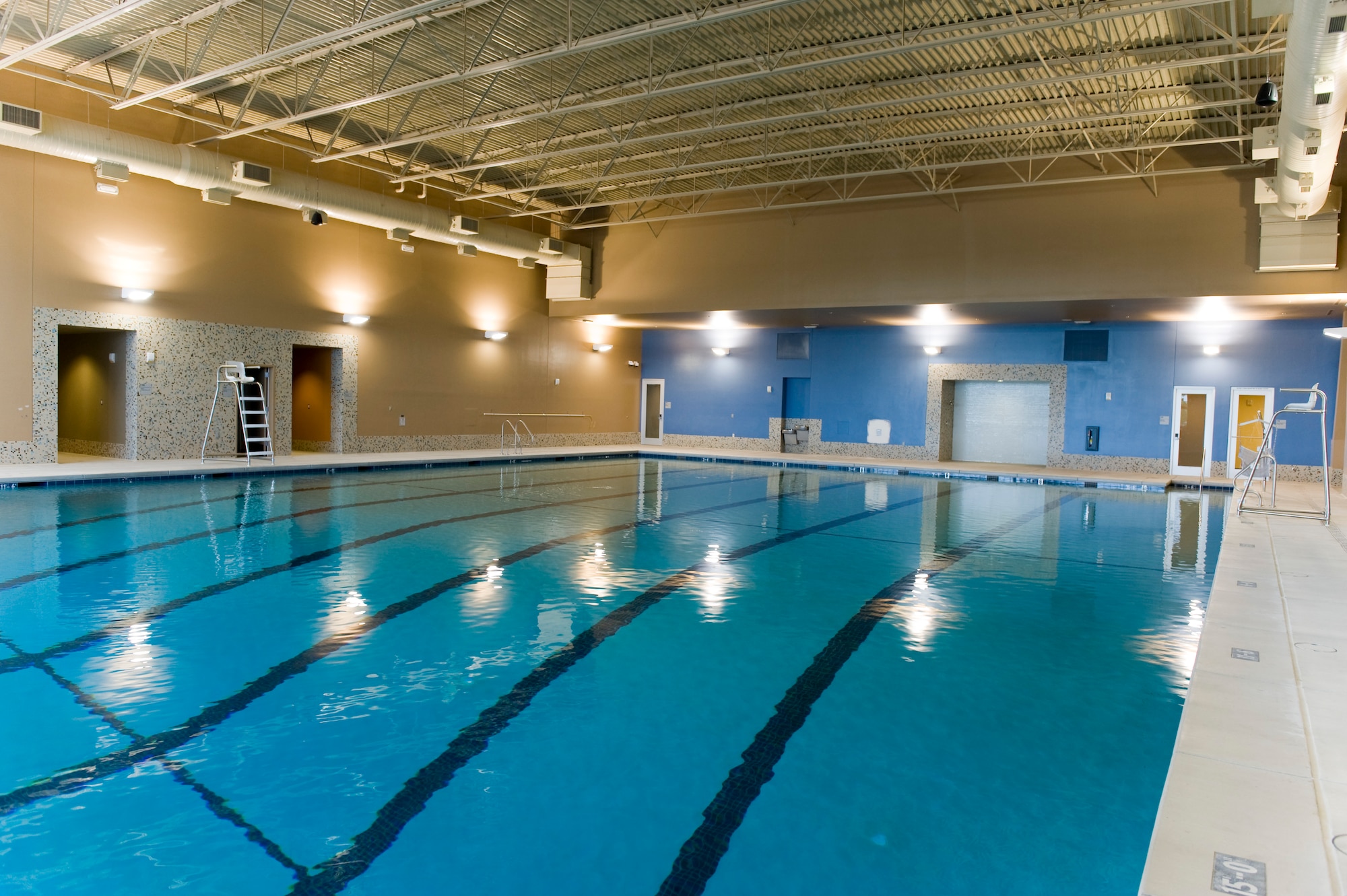 The Warrior Fitness Center's indoor pool March 30,2012, at Nellis Air Force Base, Nev. The state-of-the-art fitness center's 25 meter swimming pool will be used for lap swimming and has a 15-foot dive tank to train Pararescue personnel.  (U.S. Air Force photo by Lawrence Crespo)
