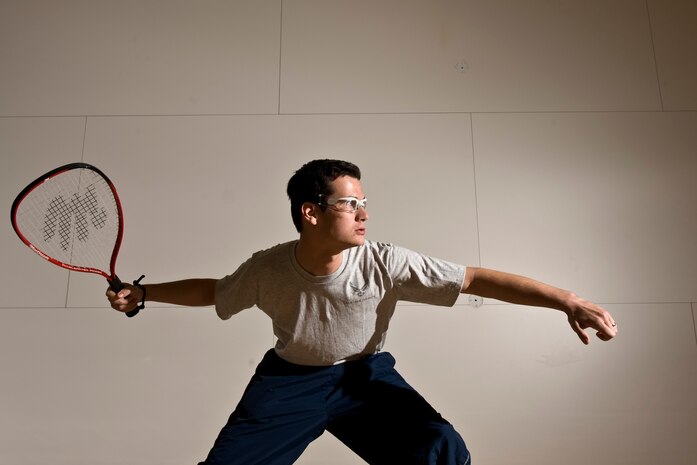 U.S. Air Force Airman 1st Class Shiloh Gascoyne, 757th Aircraft Maintenance Squadron aerospace propulsion apprentice, plays a game of racket ball at the Warrior Fitness Center April 2, 2012, at Nellis Air Force Base, Nev. The state-of-the-art fitness center has three racket ball, three basketball and three volleyball courts.  (U.S. Air Force photo by Lawrence Crespo)