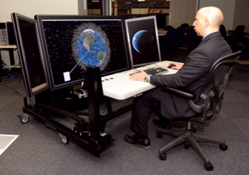 This ergonomically designed large-display workstation is designed for ease of adjustment, portability, and comfort for seated or standing users.  (AFRL Image)
