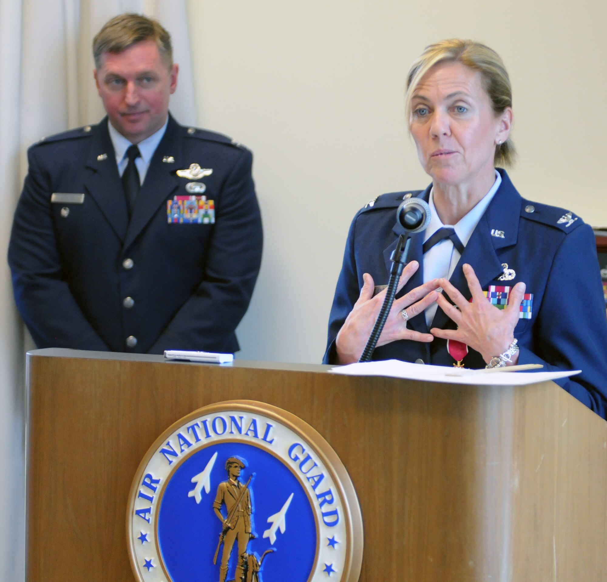 Colonel Christina G. Stevens, formerly the 102nd Intelligence Wing vice commander, concluded her Air Force career in front of her family, close friends and fellow Airmen during a retirement ceremony at Otis Air National Guard Base, Mass., March 31, 2012. Several Airmen whom Stevens served with during her more than 25 years in the Air Force took the opportunity to highlight their experiences with her. (National Guard photo by Senior Airman Patrick McKenna)