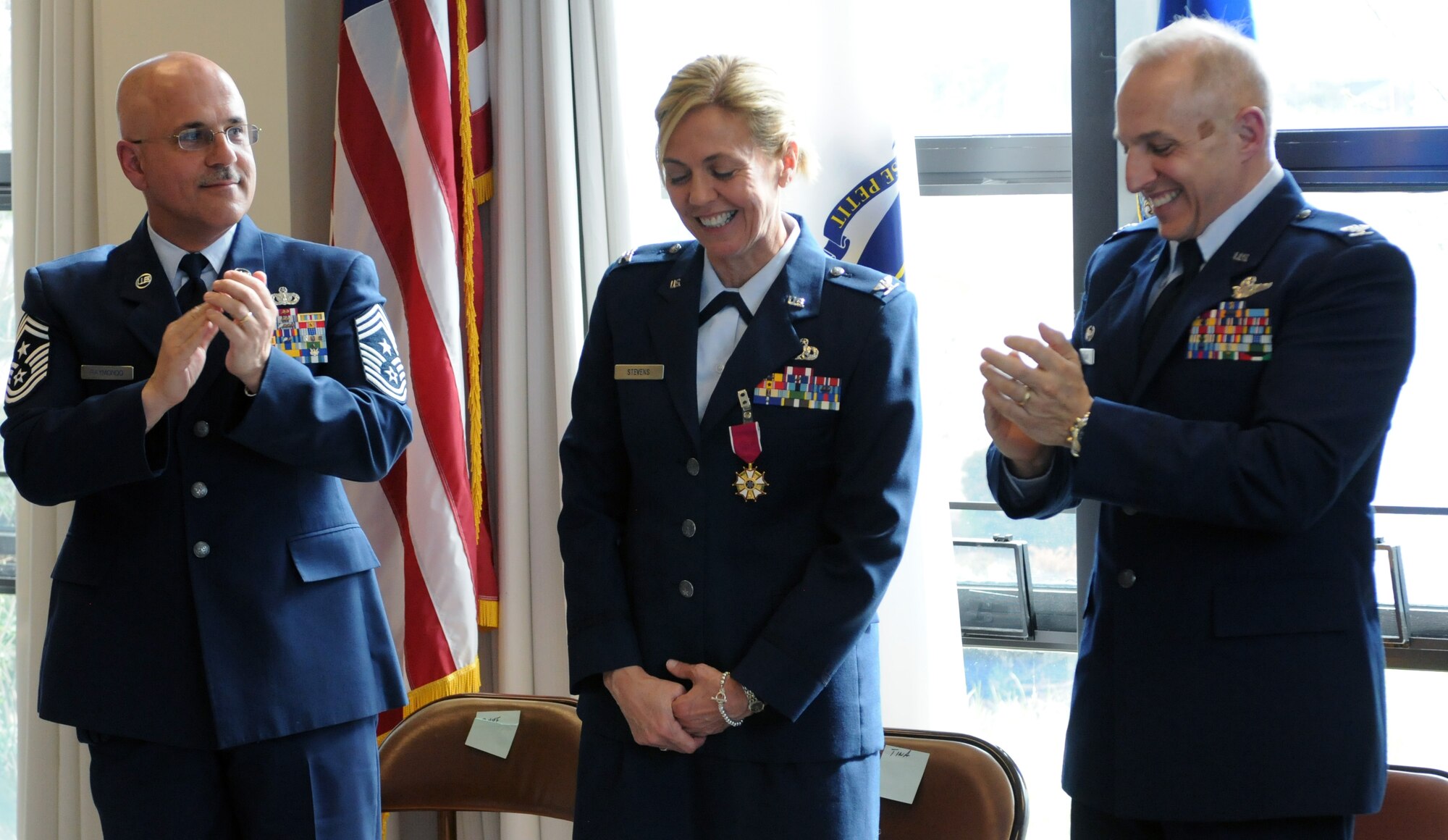 Colonel Christina G. Stevens, formerly the 102nd Intelligence Wing vice commander, concluded her Air Force career in front of her family, close friends and fellow Airmen during a retirement ceremony here March 31, 2012. Several Airmen whom Stevens served with during her more than 25 years in the Air Force took the opportunity to highlight their experiences with her. (National Guard photo by Senior Airman Patrick McKenna)