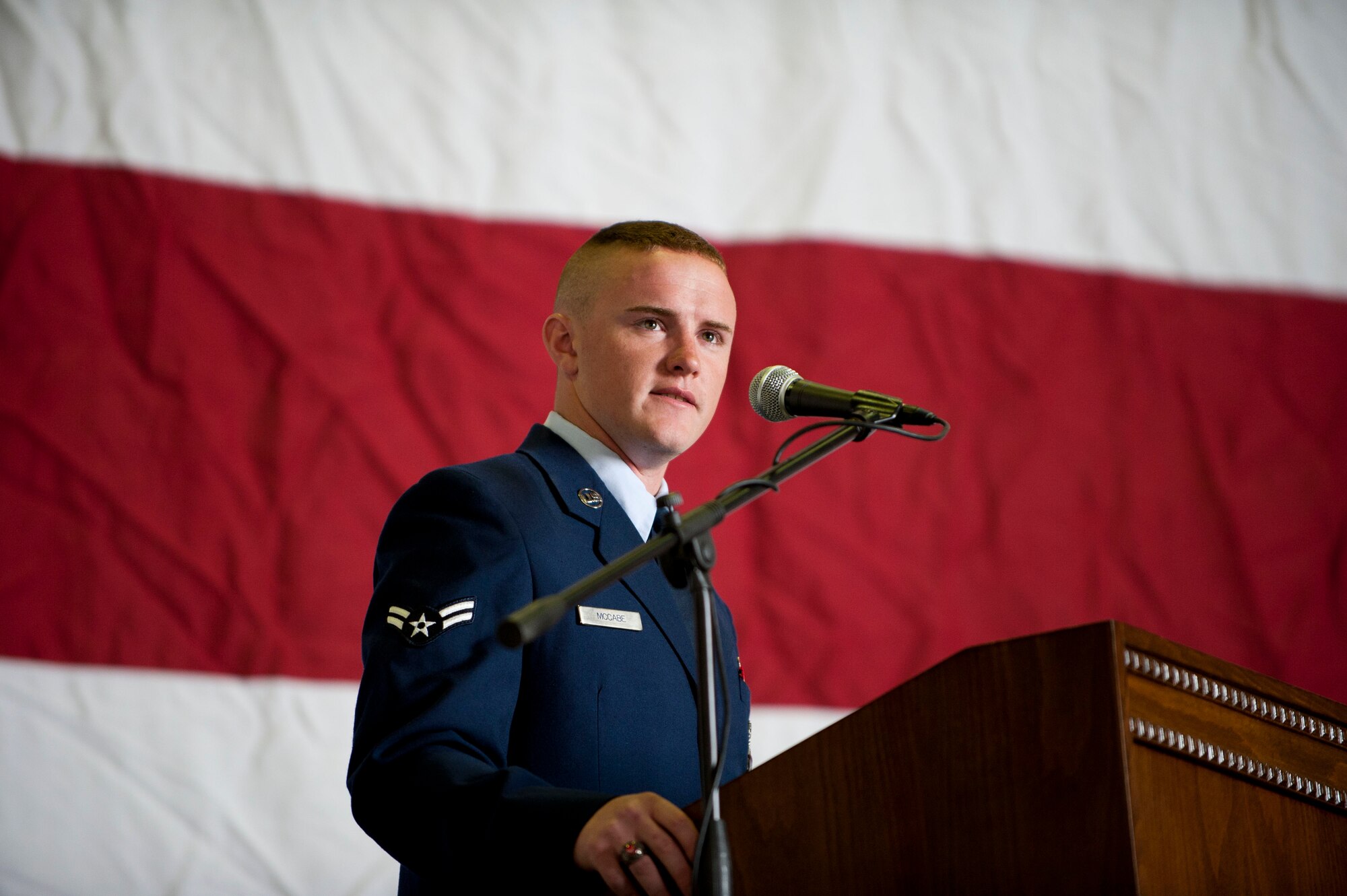 Airman 1st Class Joseph McCabe, 39th Security Forces Squadron, delivers a eulogy during a memorial service for Airman 1st Class Joel Barrow March 30, 2012, at Incirlik Air Base, Turkey. The ceremony honored the life of Barrow, a member of the 39th SFS Bravo Flight who died March 27. (U.S. Air Force photo by Senior Airman Clayton Lenhardt/Released)