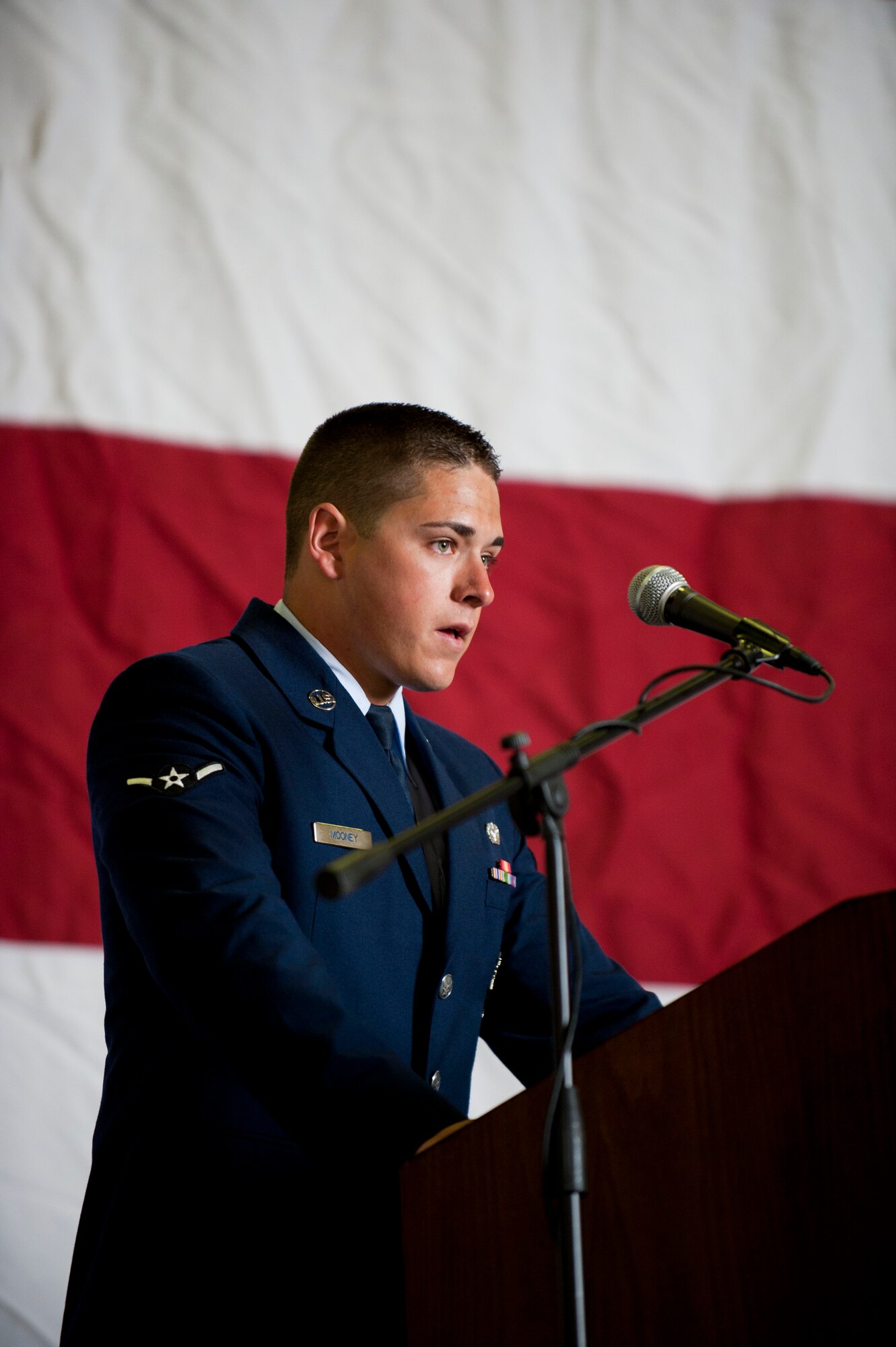 Airman Justin Mooney, 39th Security Forces Squadron, reads Psalm 23 during a memorial service for Airman 1st Class Joel Barrow March 30, 2012, at Incirlik Air Base, Turkey. The ceremony honored the life of Barrow, a member of the 39th SFS Bravo Flight who died March 27. (U.S. Air Force photo by Senior Airman Clayton Lenhardt/Released)