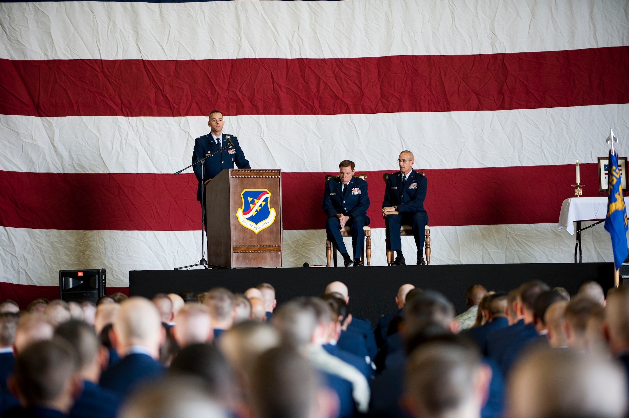 Lt. Col. Brint Woodruff, 39th Security Forces Squadron commander, speaks during a memorial service for Airman 1st Class Joel Barrow March 30, 2012, at Incirlik Air Base, Turkey. The ceremony honored the life of Barrow, a member of the 39th SFS Bravo Flight who died March 27. (U.S. Air Force photo by Senior Airman Clayton Lenhardt/Released)