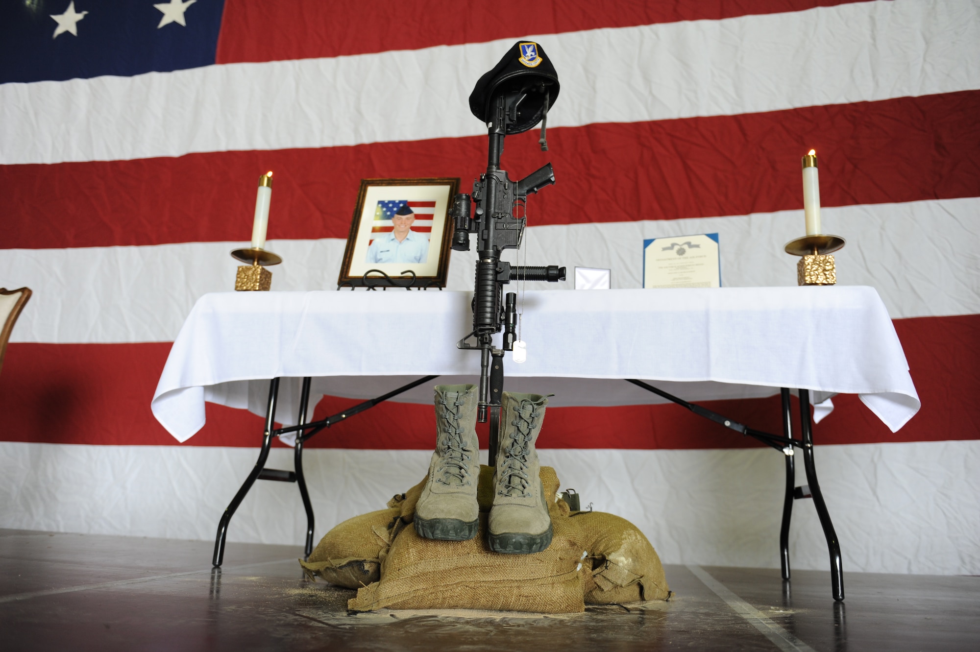 A memorial service was held for Airman 1st Class Joel Barrow, 39th Security Forces Squadron Bravo Flight, March 30, 2012, at Incirlik Air Base, Turkey. The ceremony honored the life of Barrow who died March 27. (U.S. Air Force photo by Senior Airman Jarvie Z. Wallace/Released) 