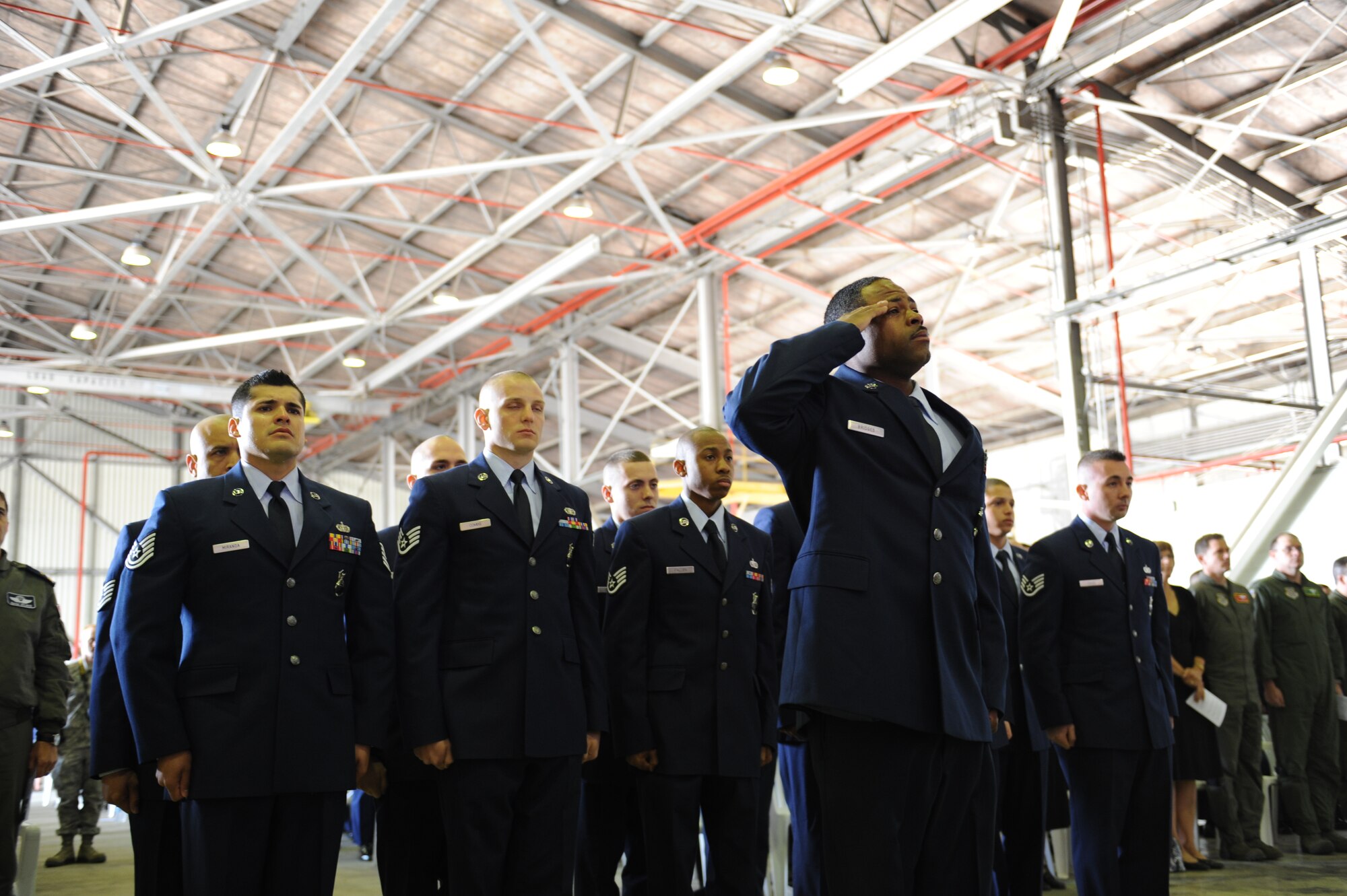 Members of the 39th Security Forces Squadron Bravo Flight, perform roll call during the memorial for Airman 1st Class Joel Barrow March 30, 2012, at Incirlik Air Base, Turkey. The ceremony honored the life of Barrow, a 39th Security Forces Squadron security response team member who died March 27. (U.S. Air Force photo by Senior Airman Jarvie Z. Wallace/Released) 