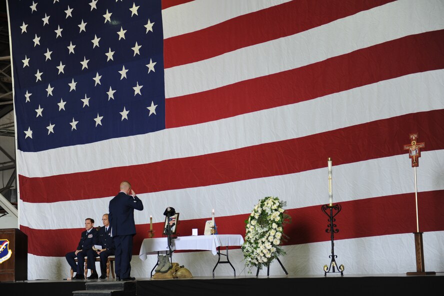 Airman 1st Class Joseph McCabe, 39th Security Forces Squadron, renders a final salute during the memorial for Airman 1st Class Joel Barrow March 30, 2012, at Incirlik Air Base, Turkey. The ceremony honored the life of Barrow, a 39th Security Forces Squadron security response team member who died March 27. (U.S. Air Force photo by Senior Airman Jarvie Z. Wallace/Released) 