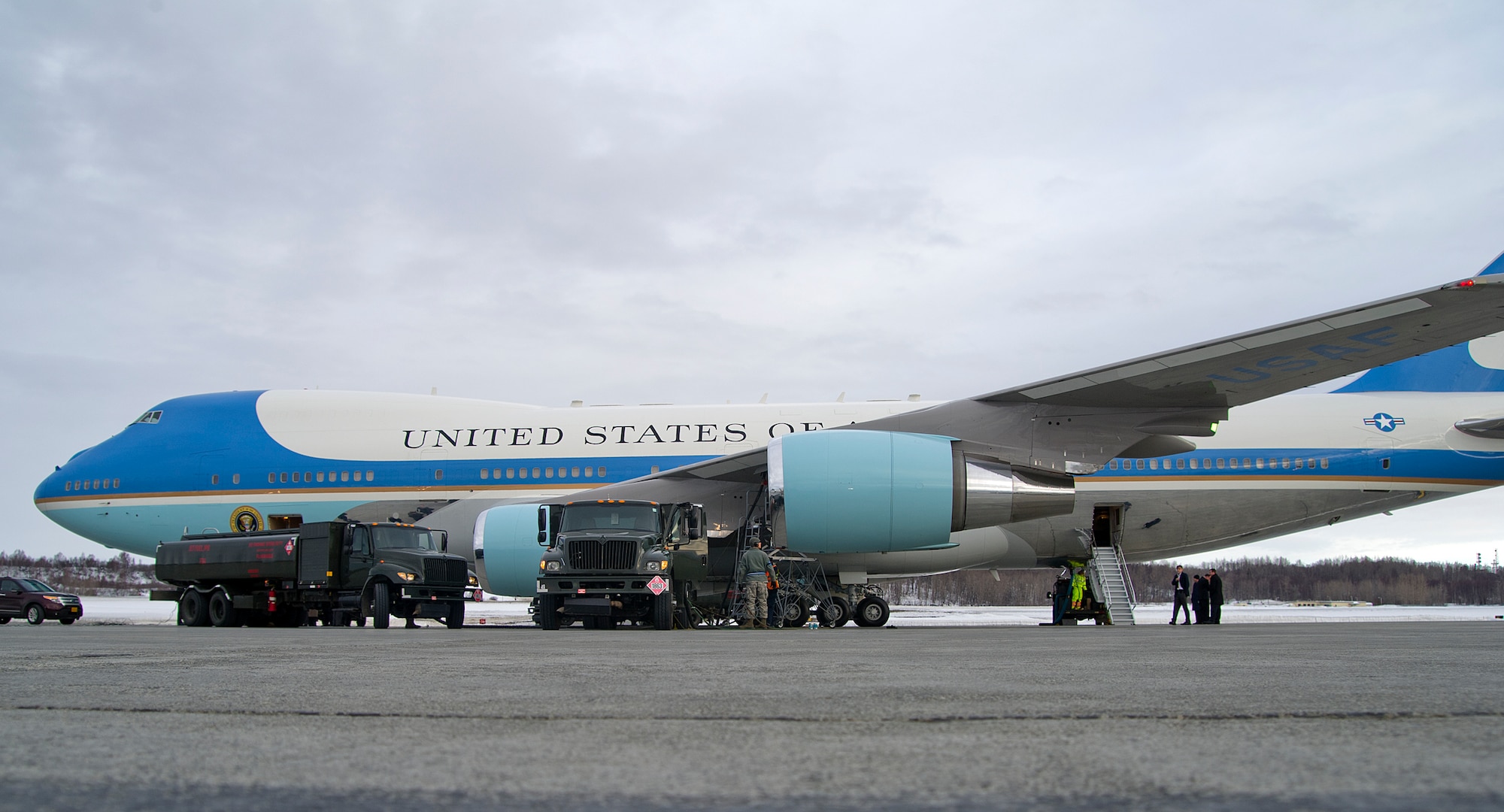 R-11 fuel trucks refuel Air Force One on Joint Base Elmendorf-Richardson March 27, 2012. The plane, carrying the President of the United States, landed on JBER to refuel after returning from a visit to the Republic of Korea. (U.S. Air Force photo/Staff Sgt. Zachary Wolf)