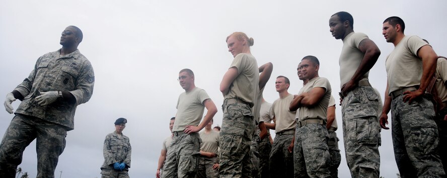 ANDERSEN AIR FORCE BASE, Guam – Airmen from the 36th Security Forces Squadron are briefed prior to going through pepper spray training March 23. The OC spray  training gives Airmen familiarity and the ability to perform their duties while under the spray’s effects. The OC spray, more commonly known as pepper spray, is a less than lethal use of force tool utilized by law enforcement, corrections and military personnel. (U.S. Air Force photo by Senior Airman Jeffrey Schultze)