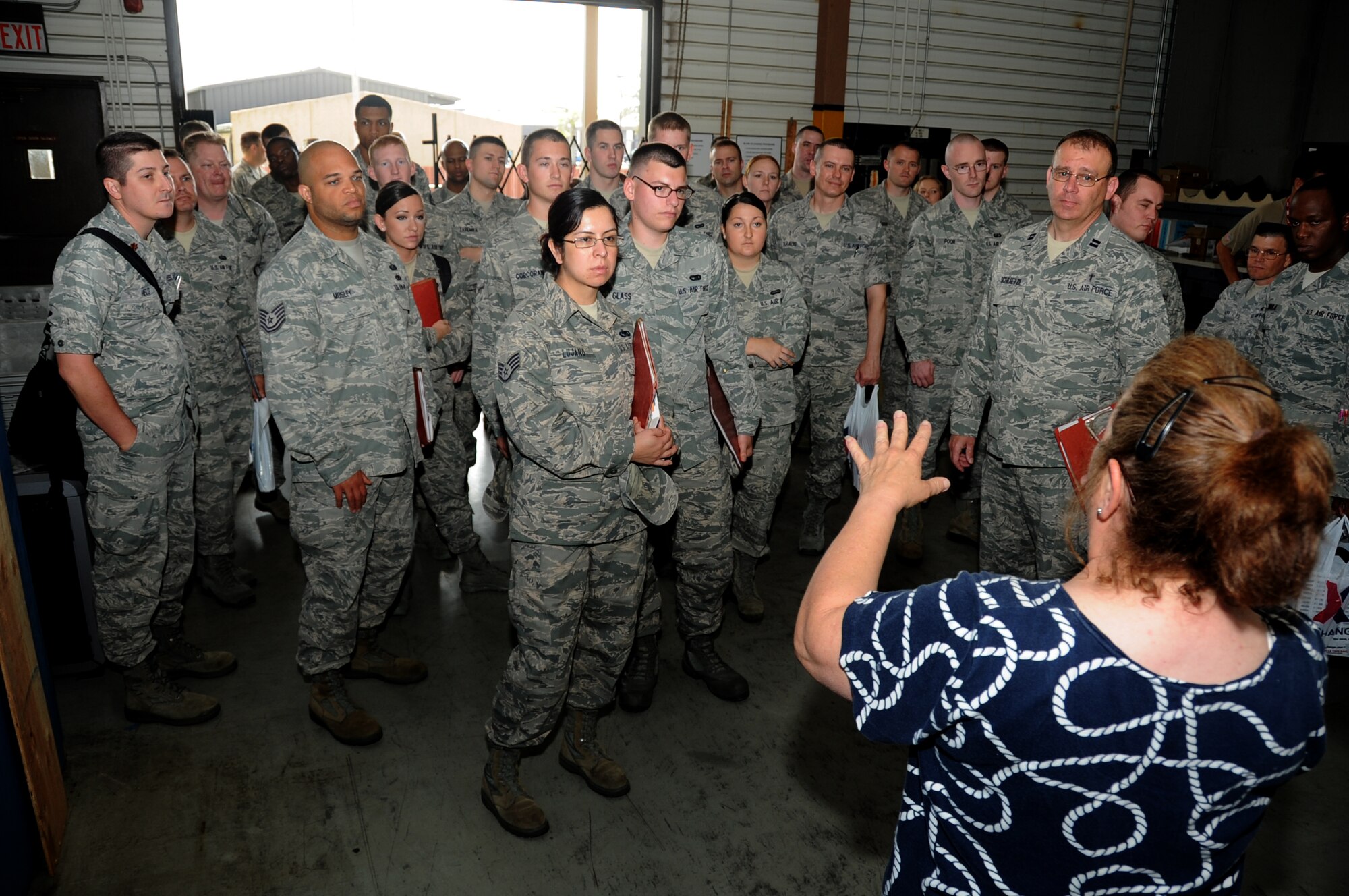 Deborah Wells, CSC, provides an introduction briefing to “deploying” troops on the process of building and being issued their mobility bags during a deployment exercise March 29, 2012, inside the 81st Logistics Readiness Squadron warehouse at Keesler Air Force Base, Miss.  (U.S. Air Force photo by Kemberly Groue)
