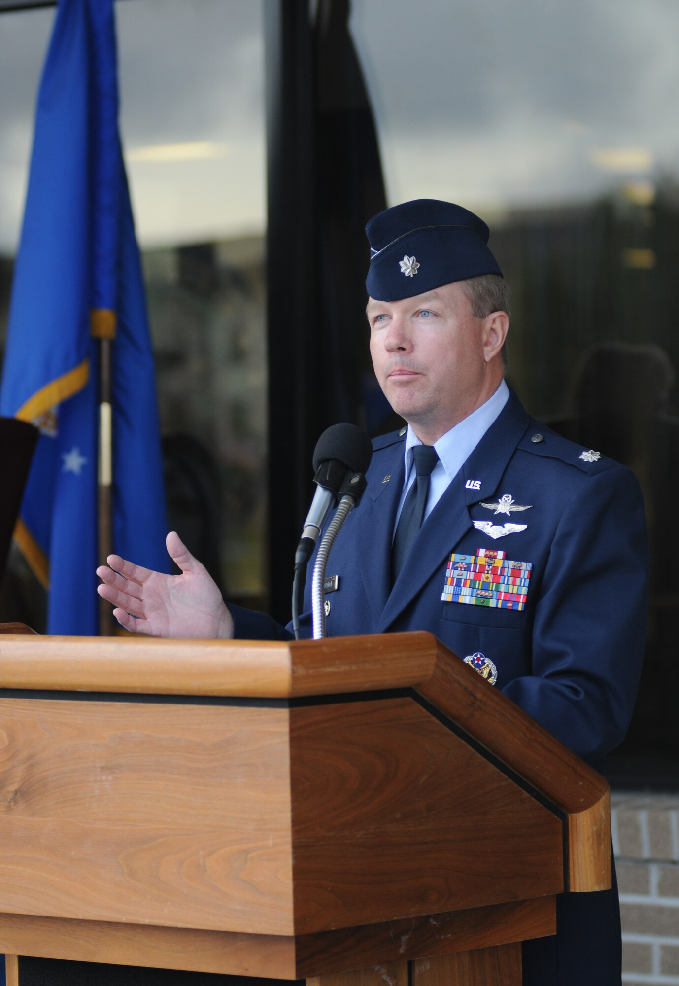 Lt. Col. Scott Solomon, 81st Training Group deputy commander, addresses the audience with his farewell remarks during the student parade March 29, 2012, in the triangle area at Keesler Air Force Base, Miss.  Solomon officiated over the parade which was his last before his permanent change of station.  (U.S. Air Force photo by Kemberly Groue)