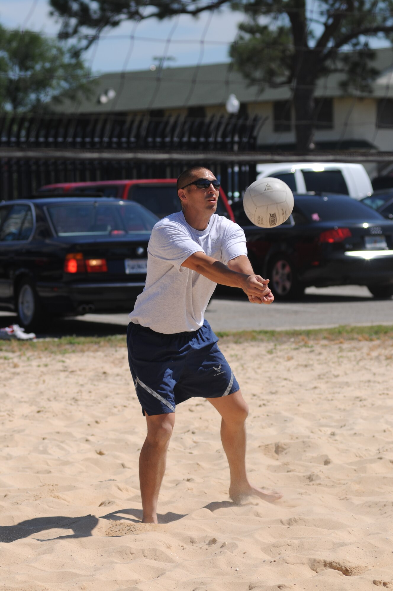 Senior Master Sgt. Joel Shepherd, 338th Training Squadron first sergeant, competes in a volleyball match during Keesler Sports Day May 5, 2011, at Keesler Air Force Base, Miss.  A first sergeant’s job is to take care of his or her people, they achieve this through participating in base events and interacting directly with their Airmen.  (U.S. Air Force photo by Kemberly Groue)
