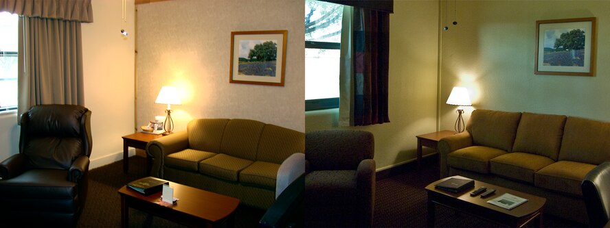 Before, left, and after, right, picture of the Dyess Inn living area. Inns of Dyess recently completed the last of its renovation projects. Enhancements to the building include a new paint job, carpet, vanities, counter tops, TVs, DVD players, mattress sets, sofas, lounge chairs and desk chairs. The renovation began in December 2010 and ended on Feb. 8, 2012. The two-year project upgraded the interior of building 6240, 7407 and 7409. Building 7409 will officially re-open April 9, with a ribbon-cutting ceremony. (U.S. Air Force photos by Airman 1st Class Damon Kasberg/Released)